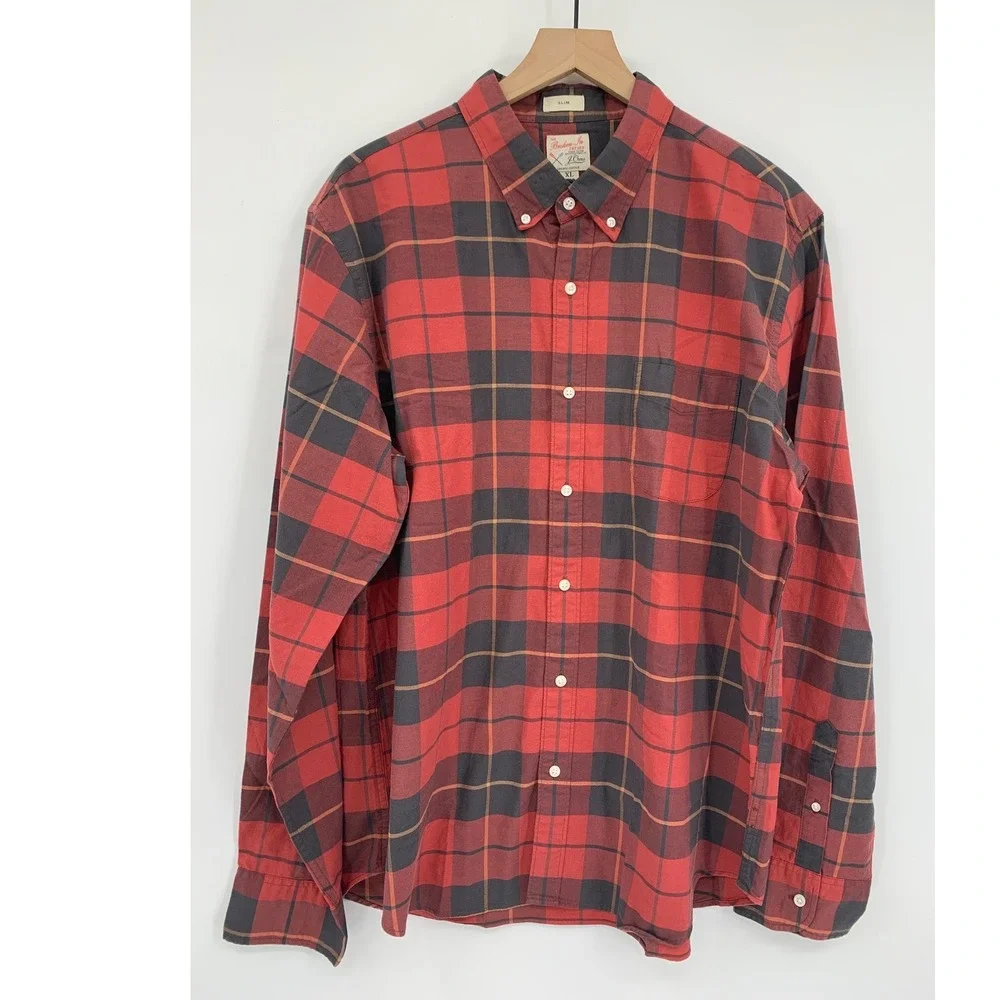 J Crew Broken In Oxford Shirt Mens XL Red Black Plaid Slim Fall Holiday Cotton